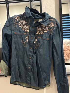 Scully Blue Denim Button-Down Shirt with Tan Embroidered Roses